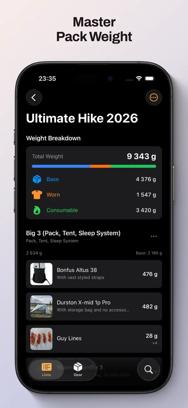 Goulight on iPhone, shown in English: a packing list with base weight, worn gear and consumables
