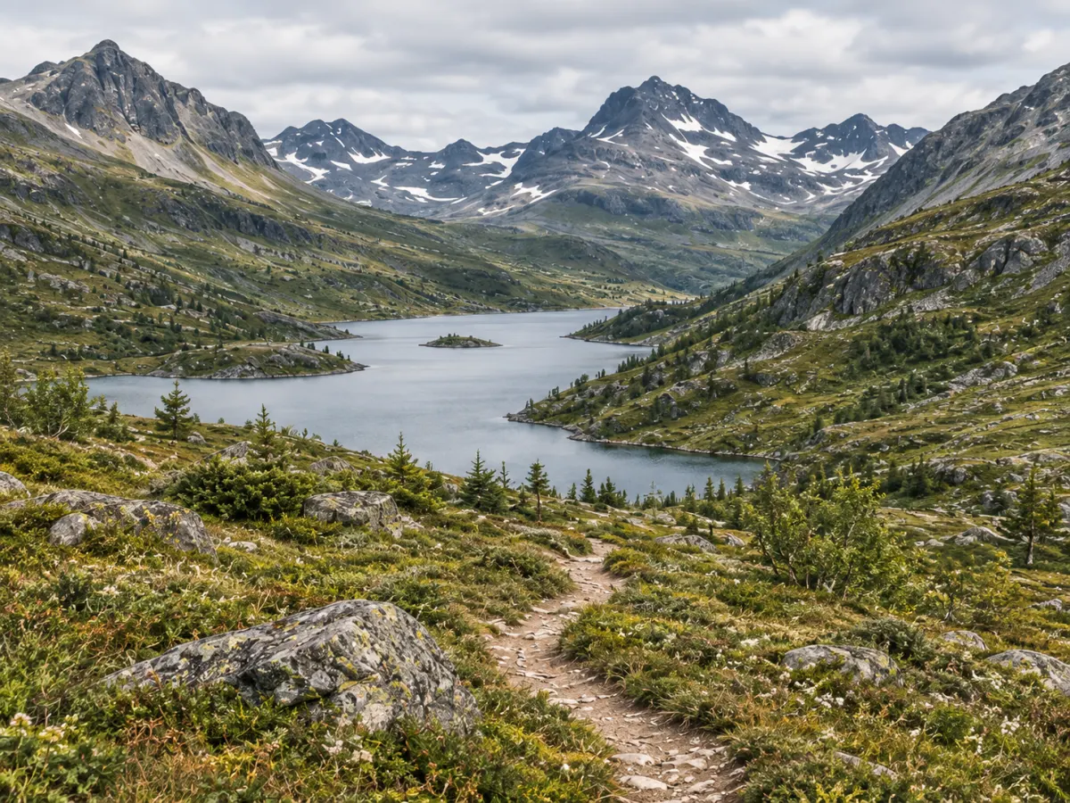En vandringsled genom en grön fjälldal vid en sjö